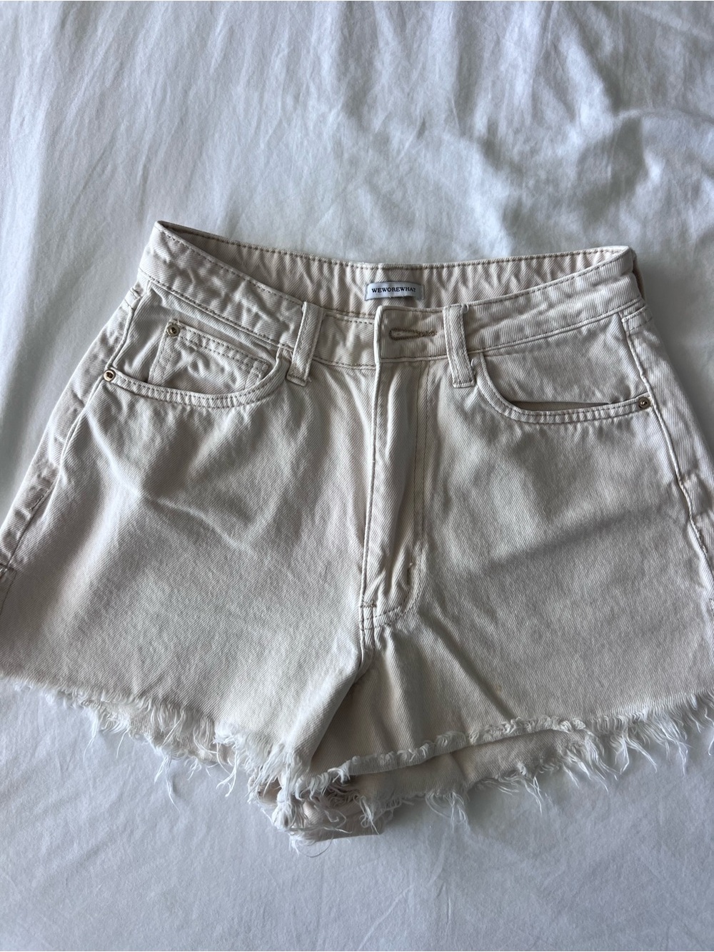 WeWoreWhat Cream High-Rise Frayed Denim Shorts
